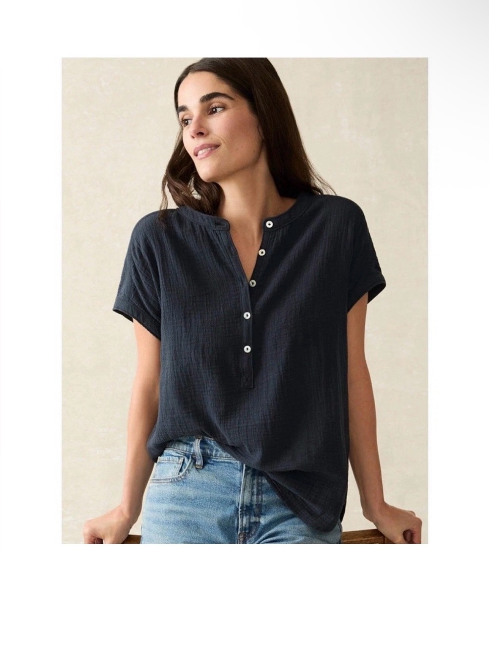 Faherty Dream Organic Cotton Desmond Gauzy Navy Blue Buttoned Top Short Sleeve